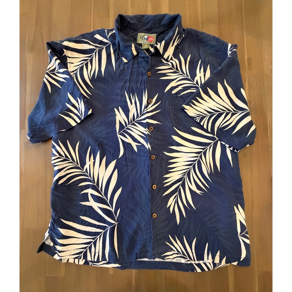 Hilo Hattie Mens XL Blue Silk Hawaiian Shirt Palm Leaf Print Tropical Button Up
